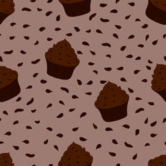 Tasty chocolate cupcake icon. Sweet dessert. Seamless pattern. Vector illustration