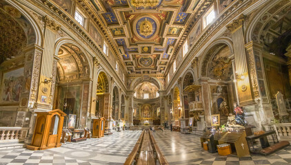 Fototapeta na wymiar Rome, Italy - home of the Vatican and main center of Catholicism, Rome displays dozens of historical, wonderful churches. Here in particular the San Marcello al Corso basilica 
