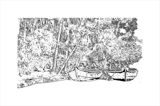 recommend clip art: Building view with landmark of Alapuzha is a city on the Laccadive Sea in the southern Indian state of Kerala. Hand drawn sketch illustration in vector.