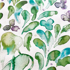 Aquarell painting on white paper isolated abstarct leaves flower green 