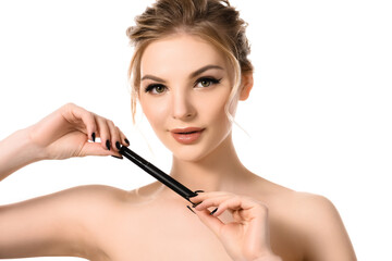 Obraz premium naked beautiful blonde woman with makeup and black nails holding mascara isolated on white