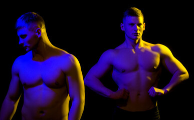 Strong men twins with abdominal strength, fit males with muscular six pack abs.