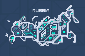 Abstract futuristic map of the Russia. Mechanical circuit of the country. Technology space background.