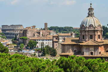 Fototapeta na wymiar Historical buildings at hills of ancient Rome.
