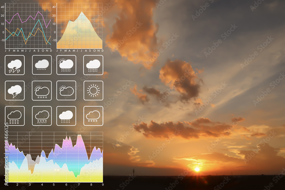 Wall mural weather forecast symbol data presentation with graph and chart on dramatic atmosphere panorama view 