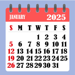 Letter calendar for January 2025. The week begins on Sunday. Time, planning and schedule concept. Flat design. Removable calendar for the month. Vector