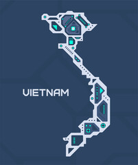 Abstract futuristic map of Vietnam. Mechanical circuit of the country. Technology space background.