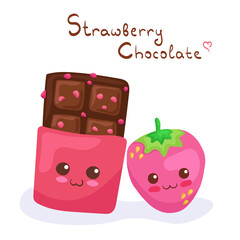 Kawaii vector illustration of Chocolate & Strawberry isolated on white background. Cute funny & happy food characters. Cartoon smiling chocolate bar with fruit filling & berry for menu with lettering.