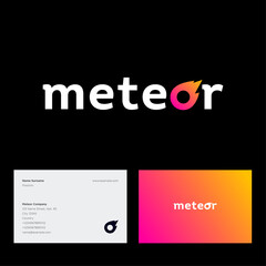 Meteor logo. Letters and icon.  Letter O like comet. This logo can be used for business, logistic, sport, games, web and digital. Business card.