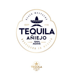 Tequila emblem. Big black mustache and authentic Mexican hat sombrero. Blue Agave Tequila logo. 