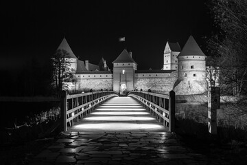 Fototapeta na wymiar Trakai Castle at the night in Black and white