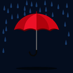 single weather icon. opened umbrella with heavy fall rain in the dark sky