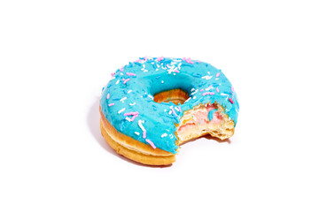 Sweet blue glazed donut bitten from one side