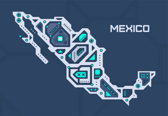 Abstract futuristic map of Mexico. Mechanical circuit of the country. Technology space background.