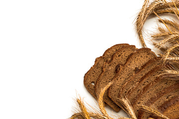 Home baked bread. Rye bakery with crusty loaves and crumbs. Fresh rustic traditional bread with wheat grain ear or spike plant isolated on white background. Design element for bakery product label.