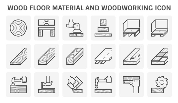 Woodworking icon collection includes saw blades, presses, boards, clamps and joinery profiles in black outline, vector for workshop equipment catalogs, floor assembly training and carpentry services.