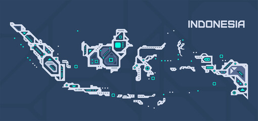 Abstract futuristic map of Indonesia. Mechanical circuit of the country. Technology space background.