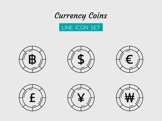 Fototapeta premium line icon symbol set, business currency coins baht, Yen, Won, pounds, Euro, dollar, Isolated flat outline vector design