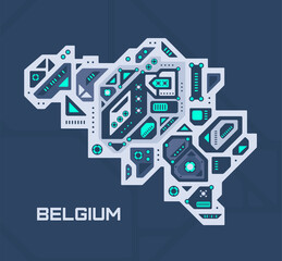 Fototapeta na wymiar Abstract futuristic map of Belgium. Mechanical circuit of the country. Technology space background.