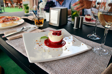 Dessert. Raspberry frozen cheesecake with mint.