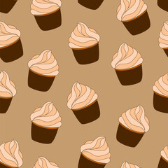 Seamless pattern with cupcakes. Vector hand drawn Illustration. Dessert isolated on light beige background. Can be used as packaging, wrapping paper, wallpaper