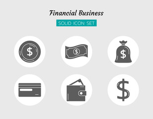 solid icon symbol set, financial business money bag, dollar, coin, credit card, wallet, $, Isolated flat vector design