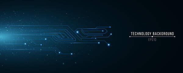 Futuristic technology background of glowng blue computer circuit. Random flying particles. Science backdrop. Hi-tech template. Vector Illustration