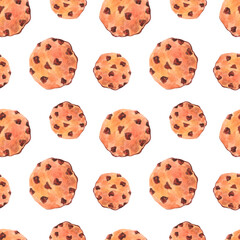 Seamless watercolor pattern with oatmeal cookies with chocolate pieces on a white background.