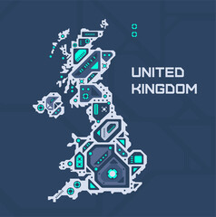 Abstract futuristic map of United Kingdom. Mechanical circuit of the country. Techonology space background.