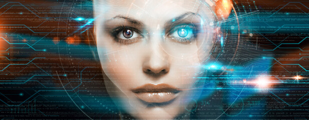 beautiful woman robot, cyborg, laser