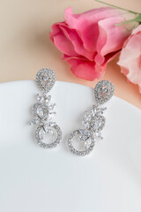 Close up of diamond earrings. space for your text.