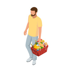 Man with grocery basket cart from supermarket on white isolated background. Isometric shopping market basket with variety of grocery products