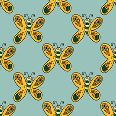 Colorful seamless pattern with cartoon doodle butterfly in childlike style. Wrapping paper, background. Vector illustration.   