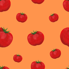 red round tomato hand drawn on an orange background - seamless print. Raster tomato drawing in realistic style.