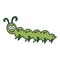 Cartoon doodle hand drawn caterpillar in childlike style isolated on white background. Vector illustration. 
