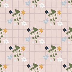 Romantic flower bouquet ornament seamless pattern. Pastel pink chequered background.