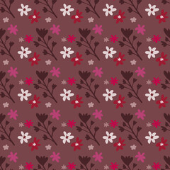 Seamless pattern with daisy flowers and branches on burgundy colors. Simple decorative backdrop.