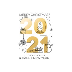 2021 Happy New year trendy card with golden text and linear Christmas icons