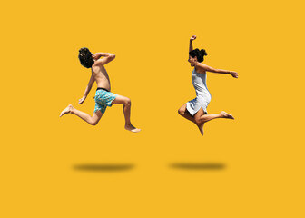 Fototapeta na wymiar Jumps of joy for a mother and a son to enjoy the summer heat