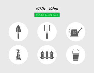 solid icon symbol set, growth plant tools, shovel, fork, Watering shower, Fence, Fail, Water spray, Isolated flat vector design