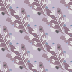 Botanic seamless doodle pattern with white branches and purple foliage. Light pastel background.