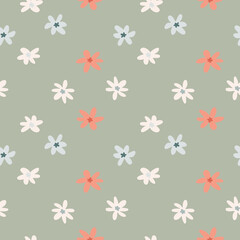 Seamless simple doodle pattern with red and light chamomile figures. Grey background. Floral backdrop.