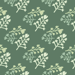 Pastel green seamless doodle pattern with branches silhouettes. Simple floral backdrop.