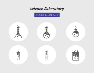 solid icon symbol set, test chemistry physics science research laboratory equipment, glass tube, Boiled water, Isolated flat outline vector design
