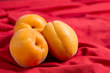 Three apricots on a red background