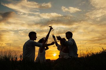 Silhouette of group of friends making a toast during a amazing sunset in the countryside. Happy...