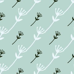 Flower abstract figures seamless doodle pattern. White and black branch silhouettes on light blue background.