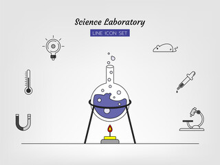 line icon symbol set, test chemistry physics science research laboratory equipment, glass tube, rat, microscope, magnet, termomiter, Light bulb, Isolated flat outline vector design