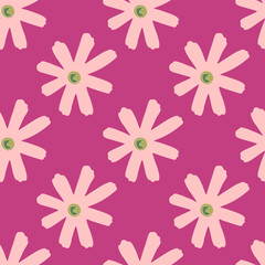 Fototapeta na wymiar Scribble geometric botanic seamless pattern in pink tones. Summer abstract backdrop.