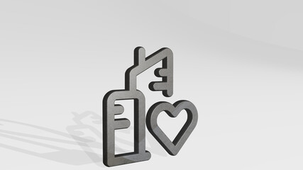 REAL ESTATE ACTION BUILDING HEART casting shadow with two lights. 3D illustration of metallic sculpture over a white background with mild texture. house and concept